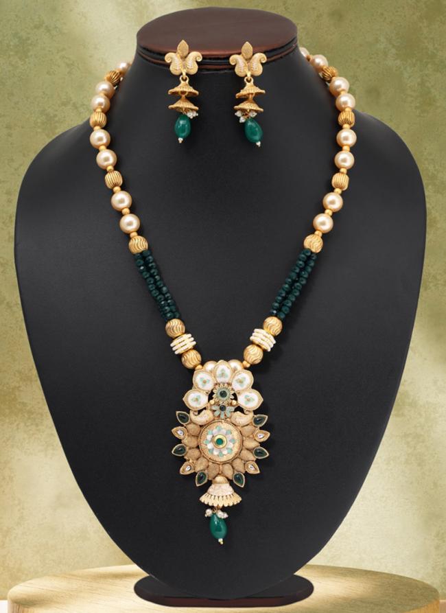   Wedding Wear  Green Color Matte Gold Meenakari Necklace Set